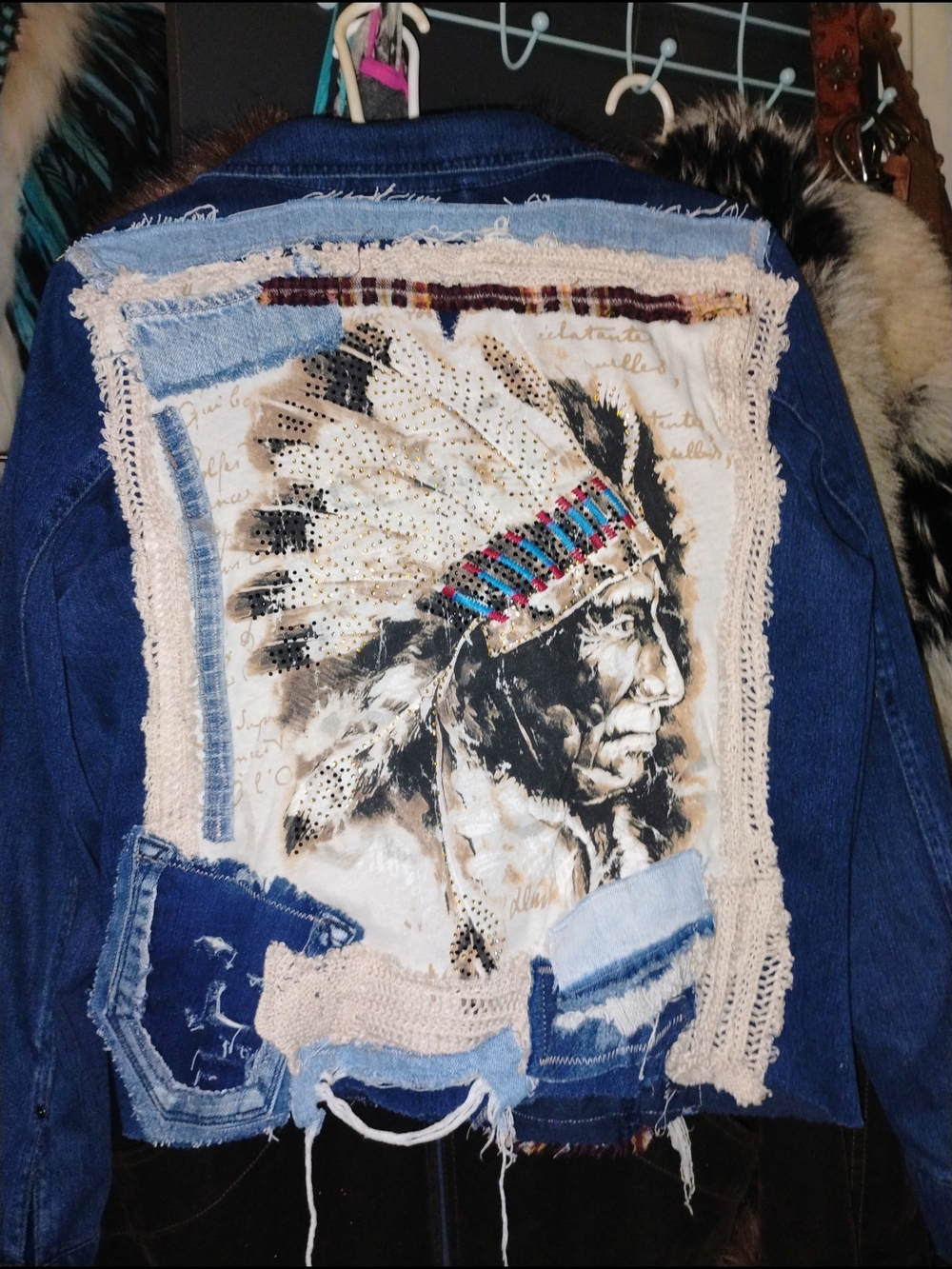 Embellished Denim Jacket with Native Headdress Artwork - Blue